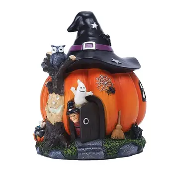 Smole Bučno Hišo Halloween Pumpkin Lantern Osvetljeno Bučna Dekor Smolo Bučno Hišo Kip Z Čarovnica Klobuk Svetlobna